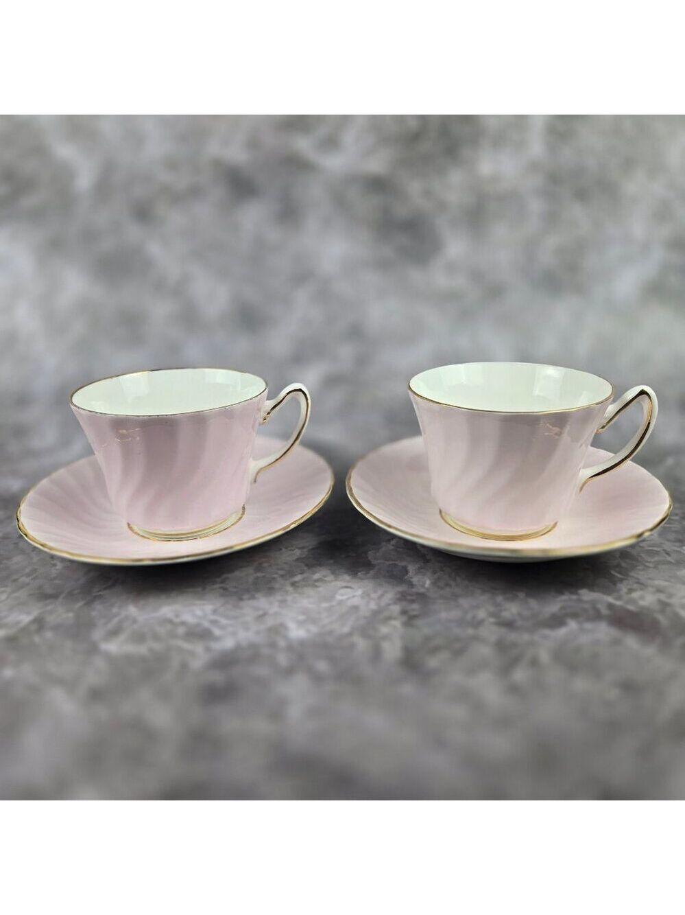 Vintage Delphine Bone China Set of 2 Pale Pink Cups & Saucers Gold Trim Accents